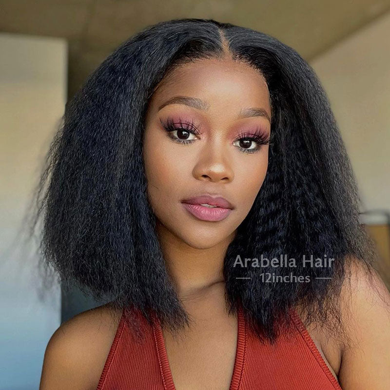 Glueless Yaki Straight Short Bob Style 5x5 Lace Closure Wig Natural Black Human Hair Wigs