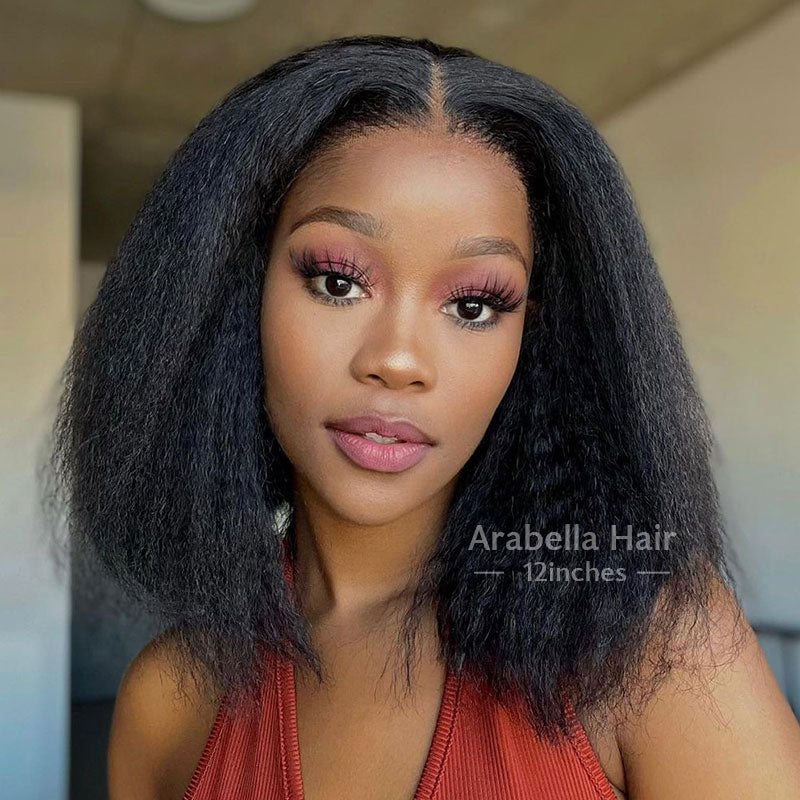 Glueless Yaki Straight Short Bob Style 5x5 Lace Closure Wig Natural Black Human Hair Wigs