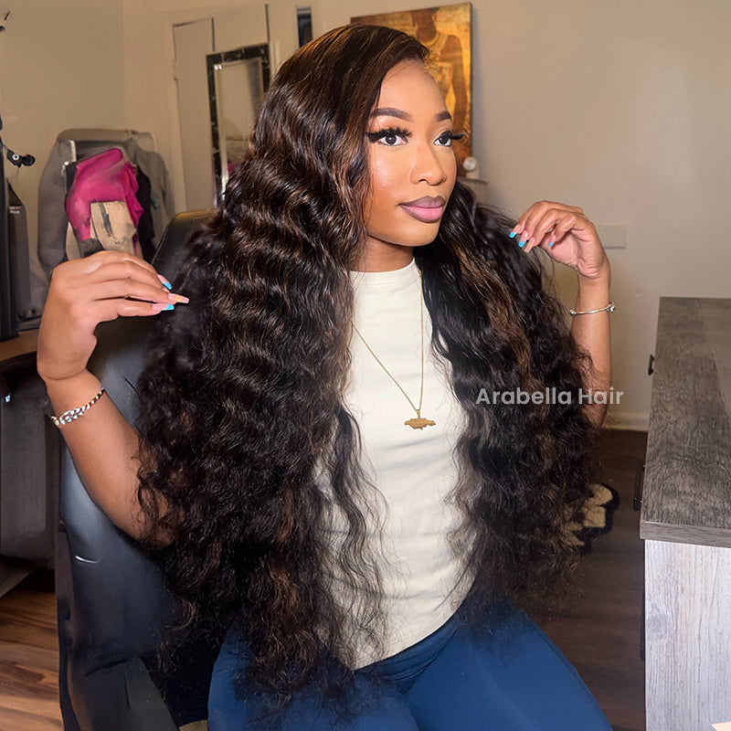 【BOGO】Arabella 13x4 Frontal Lace Auburn Highlights on Black Hair Loose Deep Wave Wig Invisible Knots Realistic Hairline