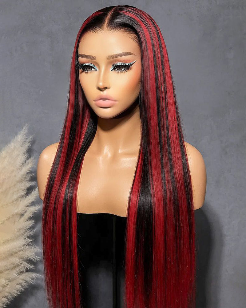 Arabella 13x4 Frontal Lace Red Highlight Straight Wig Invisible Knots Realistic Hairline