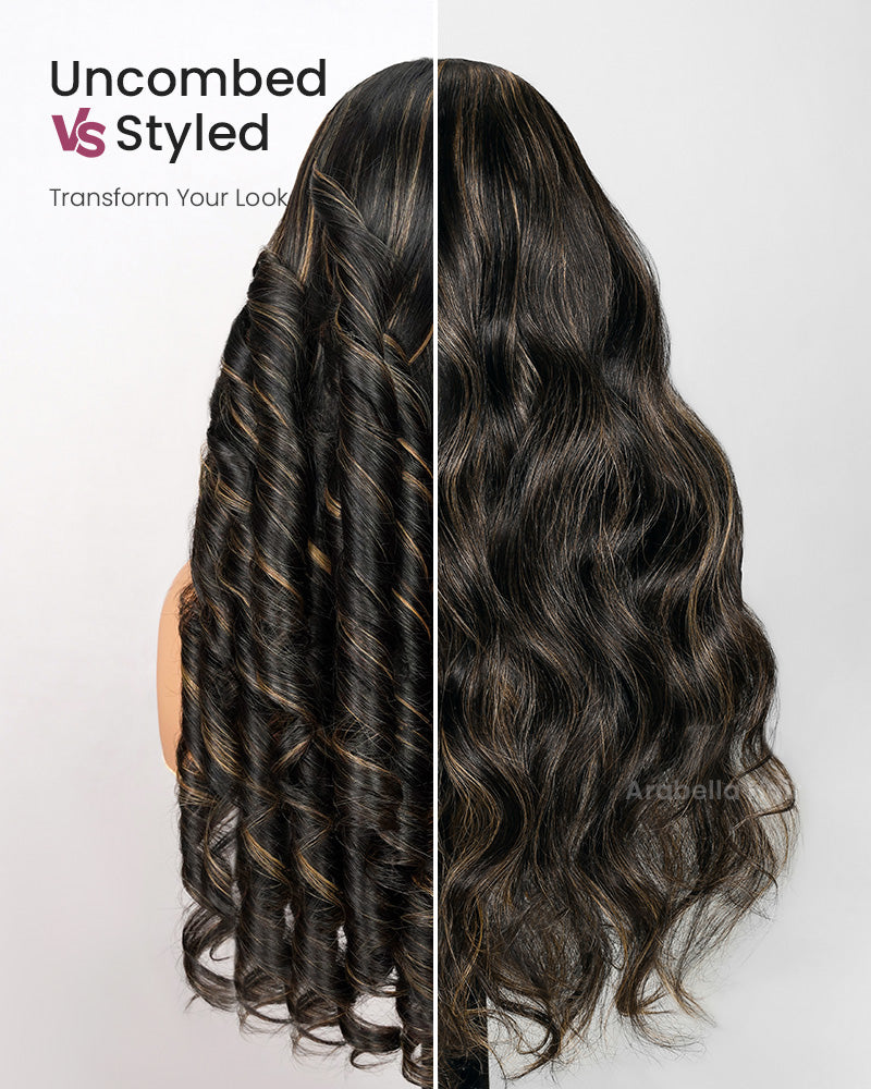【BOGO】Arabella 6x5 Invisible Knots & 13x4 Frontal Lace Honey Blonde Highlights On Black Body Wave Wig Invisible Knots