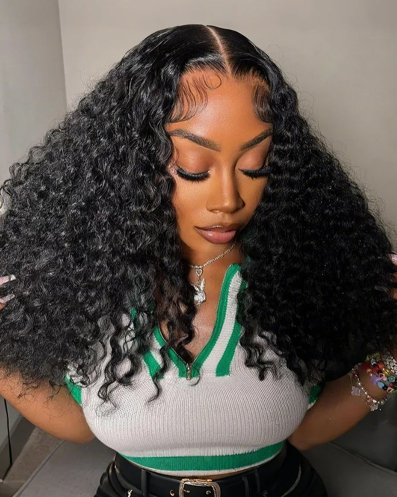 Deep Wave Natural Black 4x4 Lace Human Hair Wig Middle Part