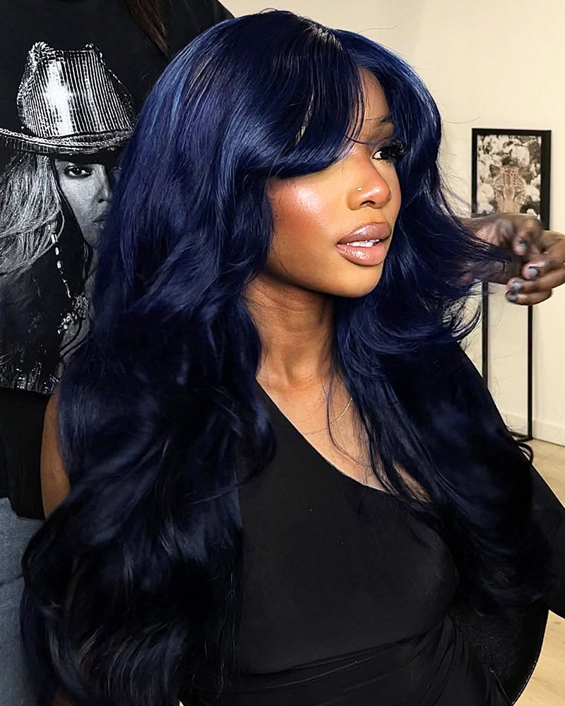 Side view dark blue human hair wig, glueless 13x6 lace front | Arabella Hair
