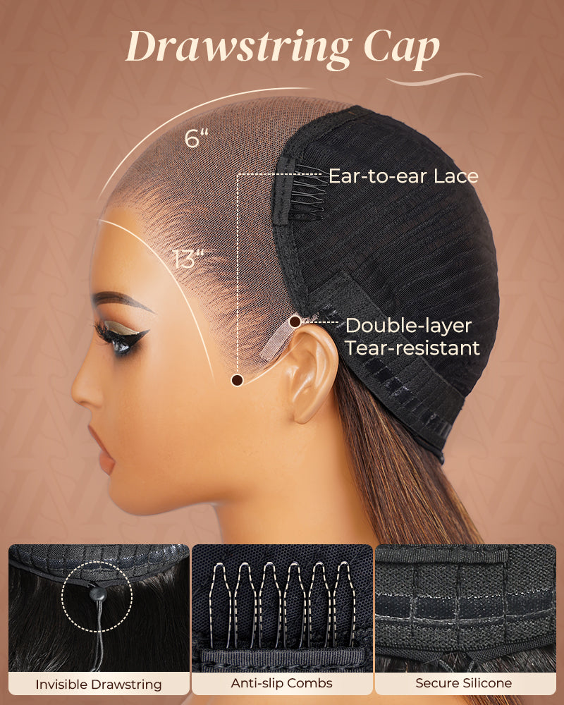 Pure-Luxe™ Airtouch Balayage Caramel Highlights Ombre Color Blowout In Wavy Pre-Cut 13x6 Lace Ultra-Dense Glueless Human Hair Wig