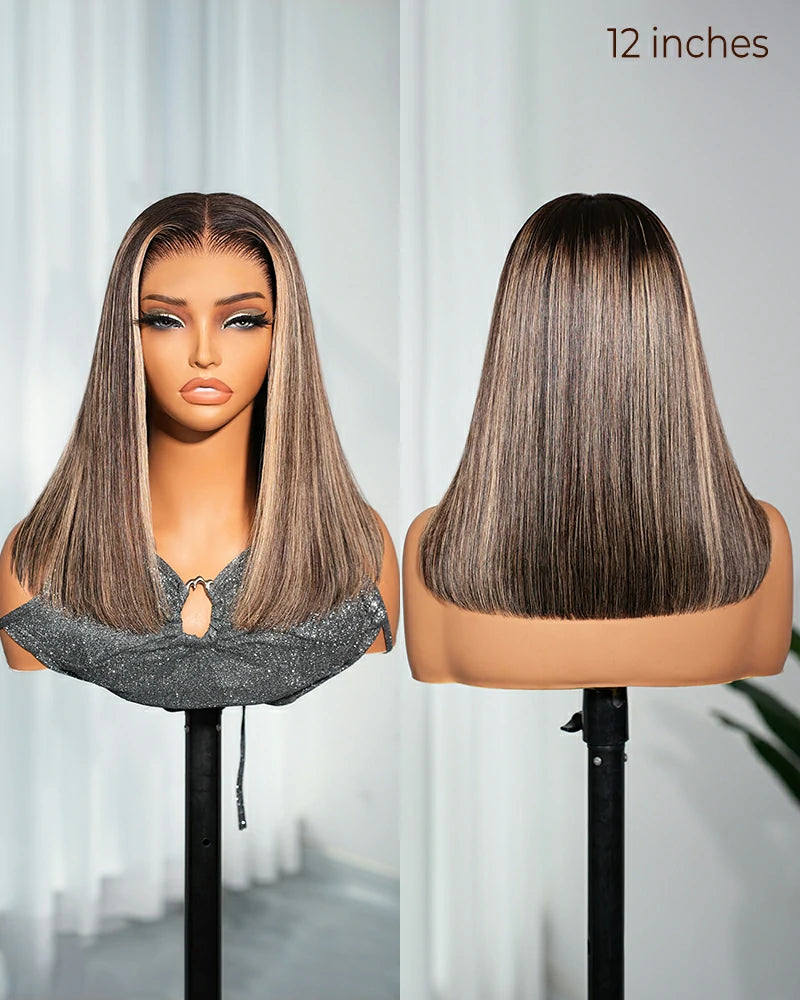 Arabella 13x6 Three-Go™ 250% Density Ombre Platinum Blonde Balayage Highlights Glueless Wig Straight Bob Wig With Drawstring