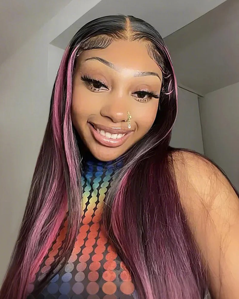 24"=$150 | Arabella 13x4 Frontal Lace Purple Highlight Straight Wig Invisible Knots Realistic Hairline