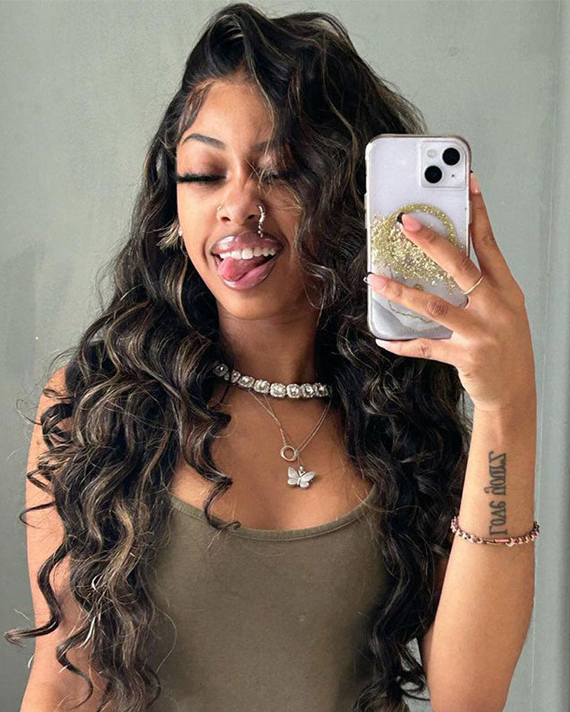 【BOGO】Arabella 6x5 Invisible Knots & 13x4 Frontal Lace Honey Blonde Highlights On Black Body Wave Wig Invisible Knots