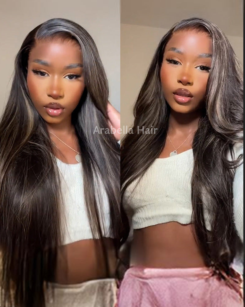 【BOGO】Arabella 6x5 Invisible Knots & 13x4 Frontal Lace Honey Blonde Highlights On Black Body Wave Wig Invisible Knots