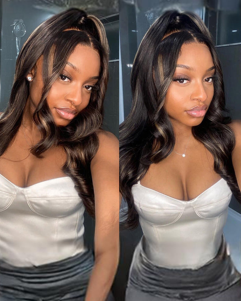 【BOGO】Arabella 6x5 Invisible Knots & 13x4 Frontal Lace Honey Blonde Highlights On Black Body Wave Wig Invisible Knots