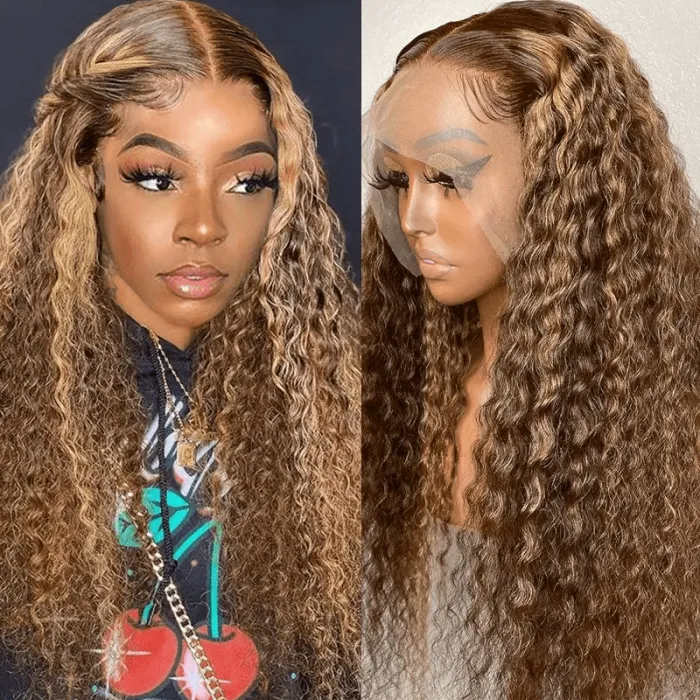 Human hair wig 13*6 Lace Curly Wave Wig Honey Blonde Piano Highlights Color Lace FrontDeep Wave 250% Density Human Hair Wigs Free Part - arabellahair.com