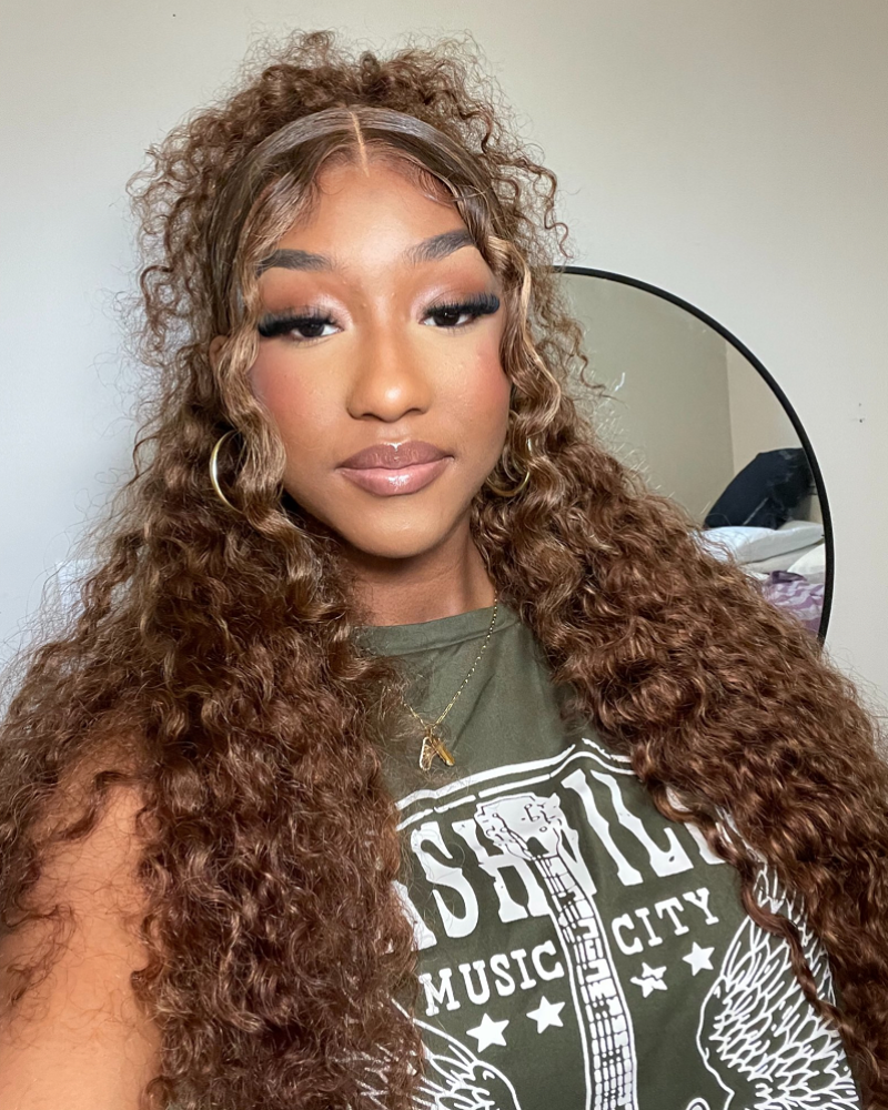 Arabella 13x4 Frontal Lace & 6x5 Invisible Knots Glueless Honey Blonde Highlights On Brown Wig Water Wave Wig Invisible Knots