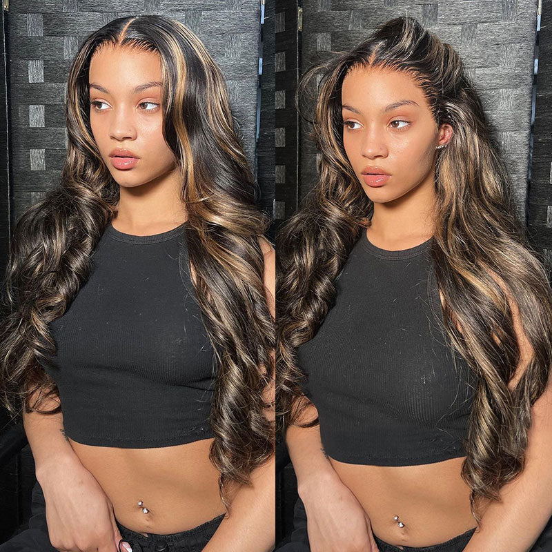 【BOGO】13x4 Glueless Lace Front Balayage Highlights Colored Body Wave Human Hair Wigs