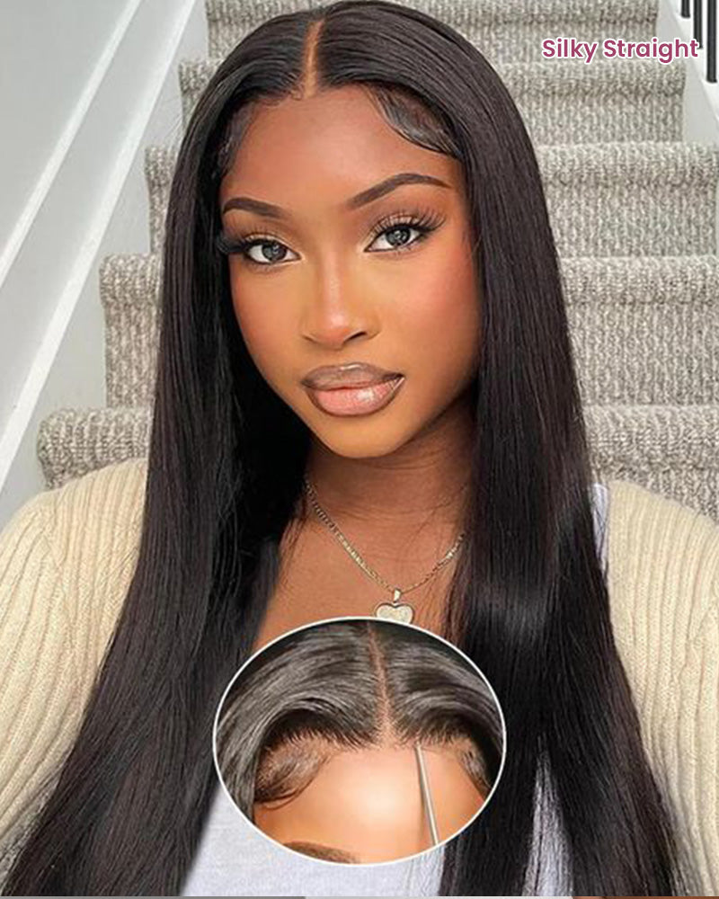 【Bogo Sale】Natural Black Silky Straight Wigs 6x6 Lace Glueless Human Hair Wigs Middle Part