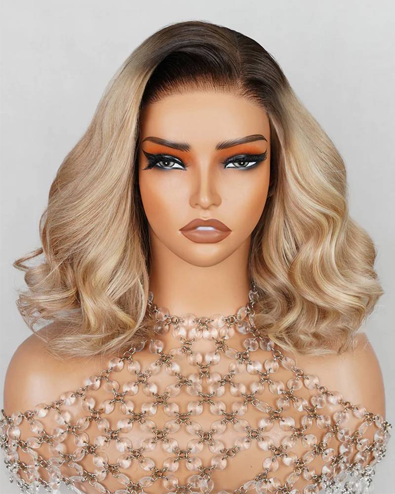 Ash Blonde Ombre Colored Short Wavy Bob Glueless 6x5 Pre-Cut Lace Human Hair Wigs