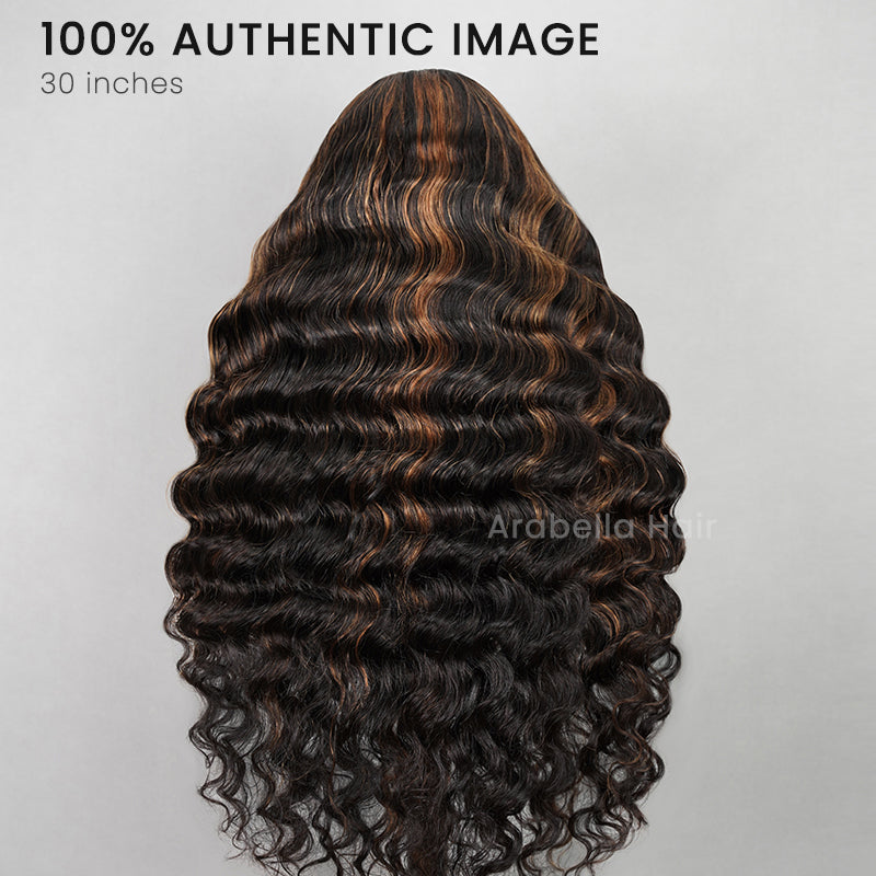 【BOGO】Arabella 13x4 Frontal Lace Auburn Highlights on Black Hair Loose Deep Wave Wig Invisible Knots Realistic Hairline