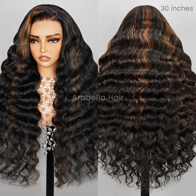 【BOGO】Arabella 13x4 Frontal Lace Auburn Highlights on Black Hair Loose Deep Wave Wig Invisible Knots Realistic Hairline