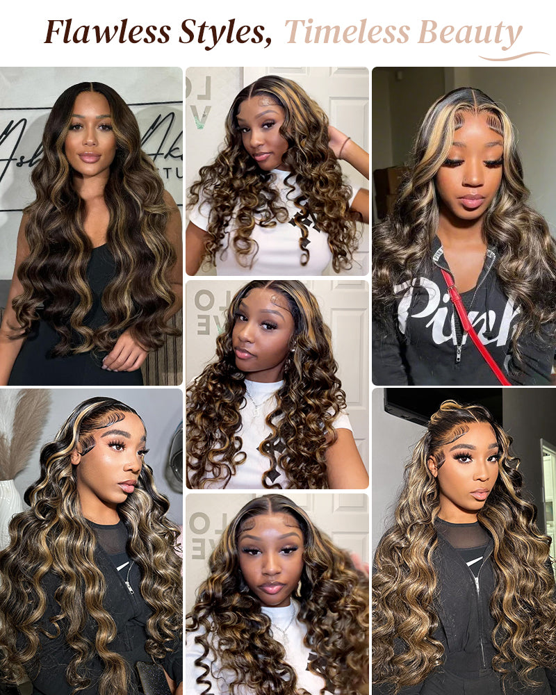 Arabella 6x5 invisible knots Glueless Balayage Highlight Colored Wig Loose Deep Wave Wig Pre-cut Lace Beginner Friendly