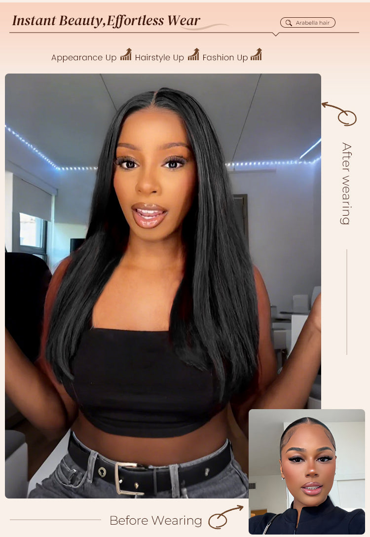 Before and After Wearing Silky Straight Wig on Woman