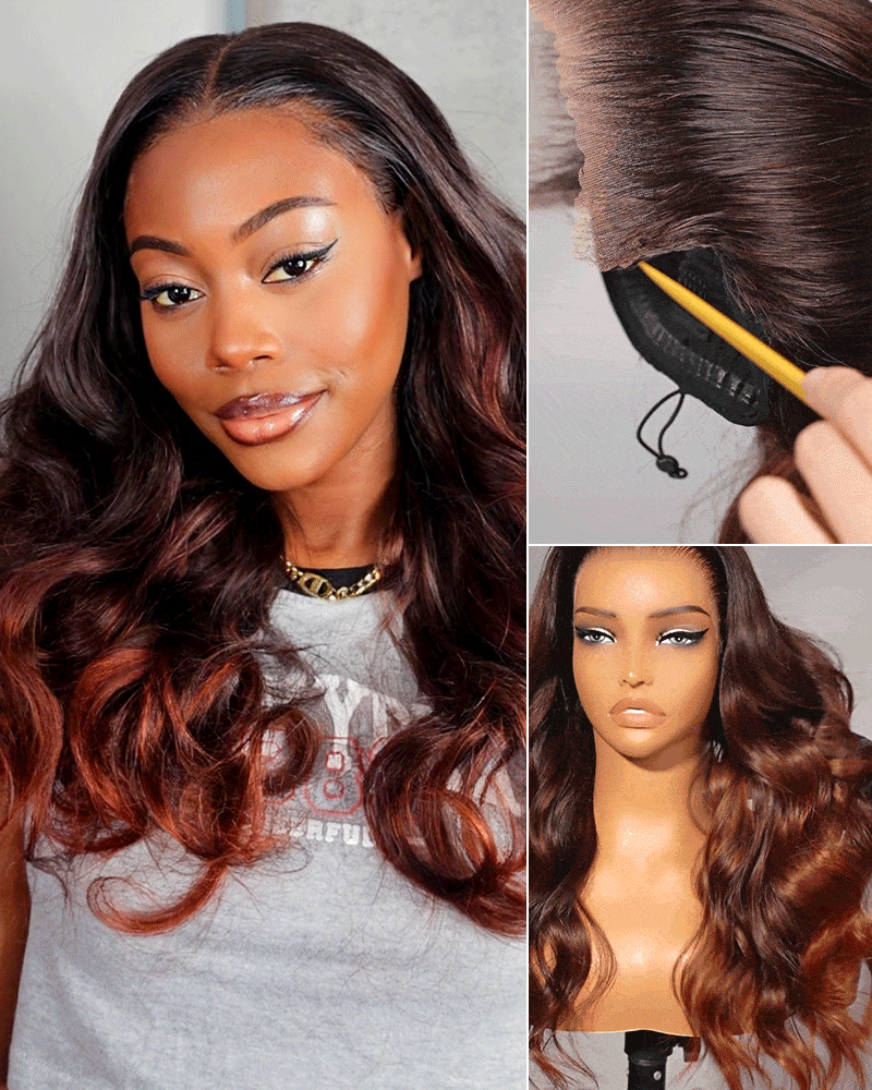 Arabella 13x6 Three-Go™ Burgundy Brown Ombre Glueless Wig Loose Body Wave With Drawstring 100% Human Hair Wig