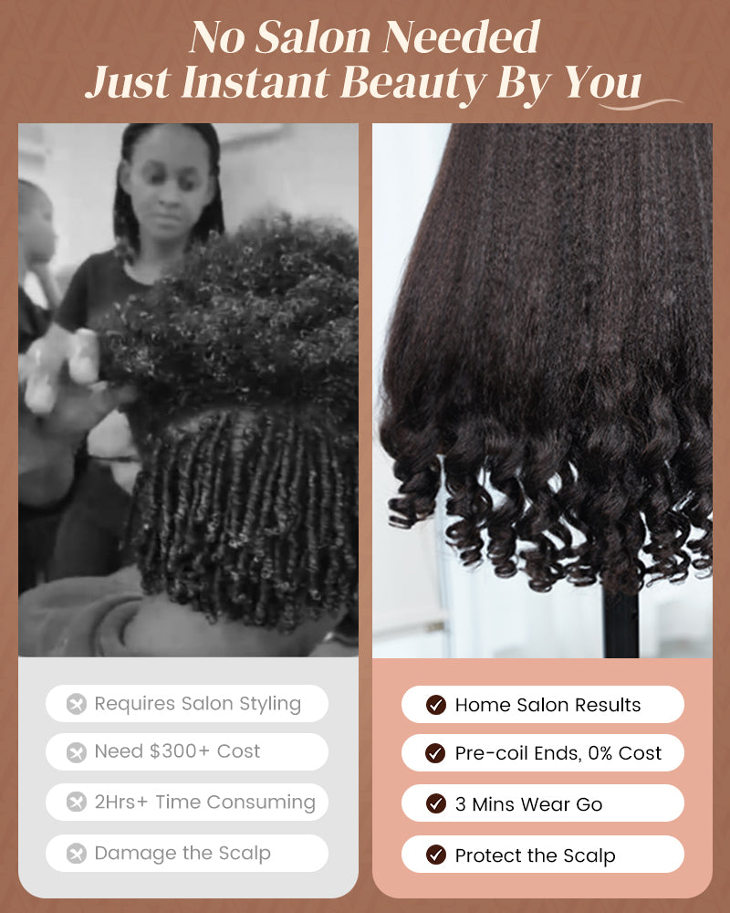 Arabella 3D Lace Half Wig Yaki Straight With Finger Coil Ends Wig Natural Black Breathable & Security