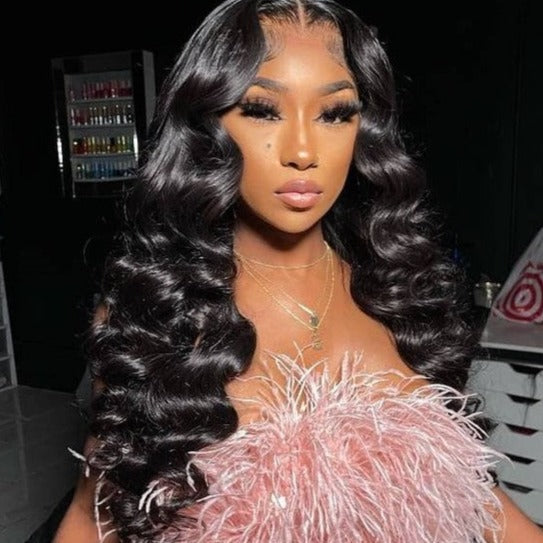 Loose Wave Natural Black 4x4 Lace Glueless Human Hair Wig Middle Part