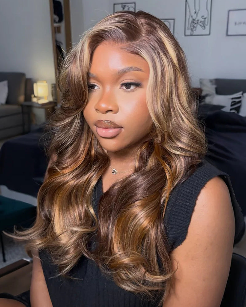 Arabella 6x5/13x6 Glueless Wig Brown Ombre Highlights Loose Body Wave Wig Pre-cut Lace Beginner Friendly