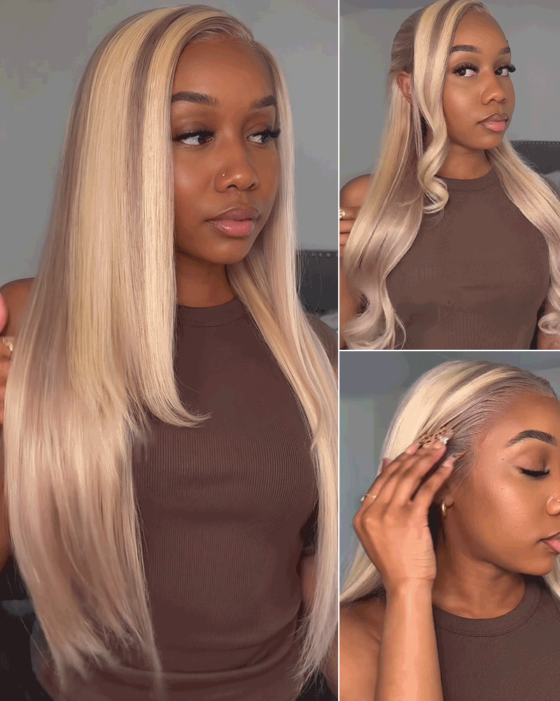 Pure-Luxe™ Blonde Highlights Light Color P10/613 Straight Pre-Cut 13x6 Lace 250% Ultra-Dense Glueless Human Hair Wig