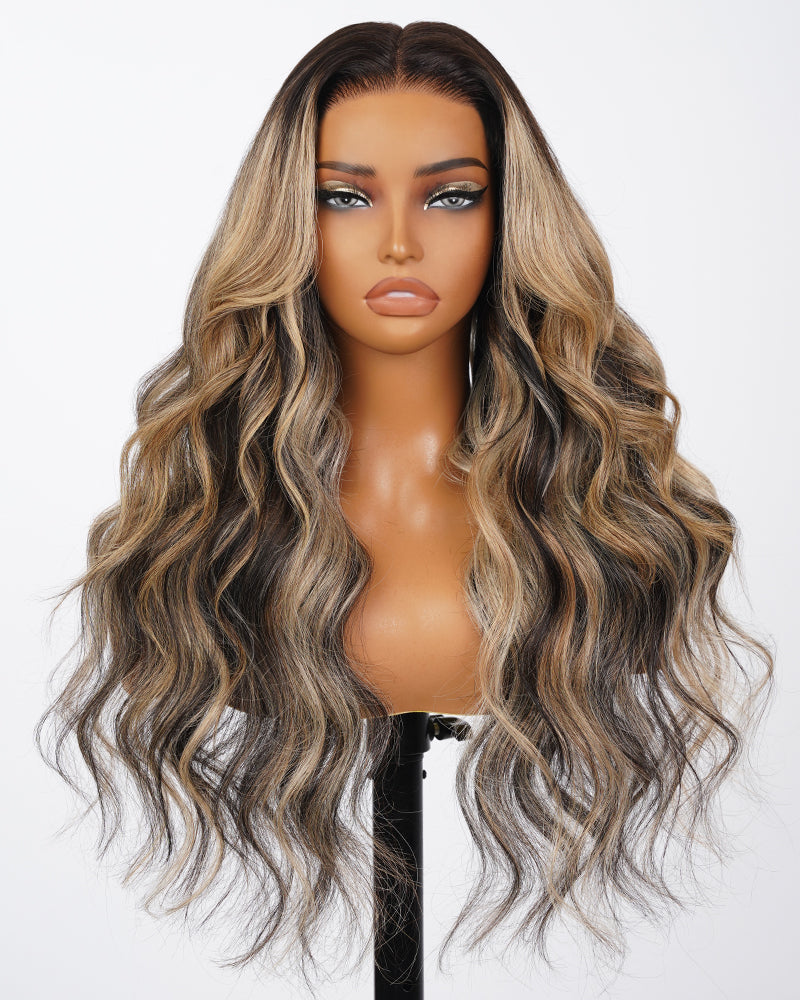 Platinum blonde ombre loose body wave human hair wig displayed on mannequin.