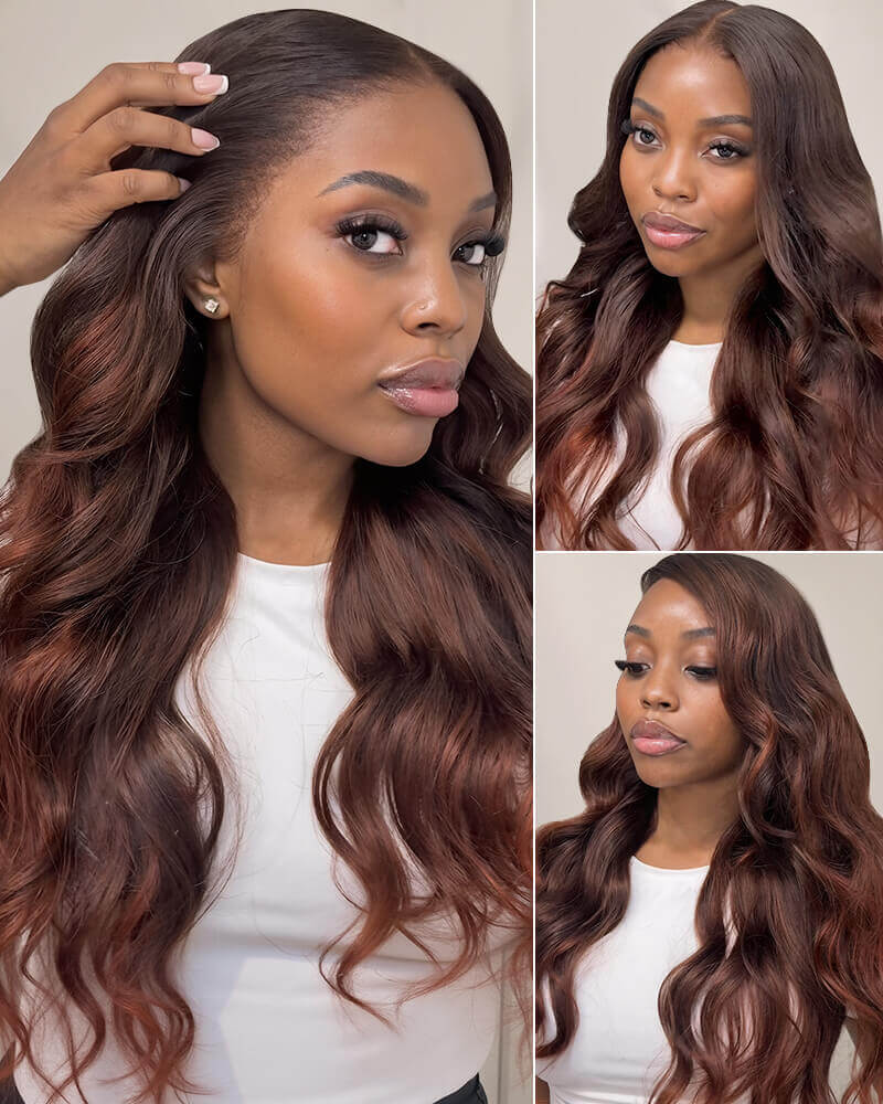 Pure-Luxe™ Airtouch Balayage Highlights Burgundy Ombre Color Blowout In Wavy Pre-Cut 13x6 Lace Ultra-Dense Glueless Human Hair Wig