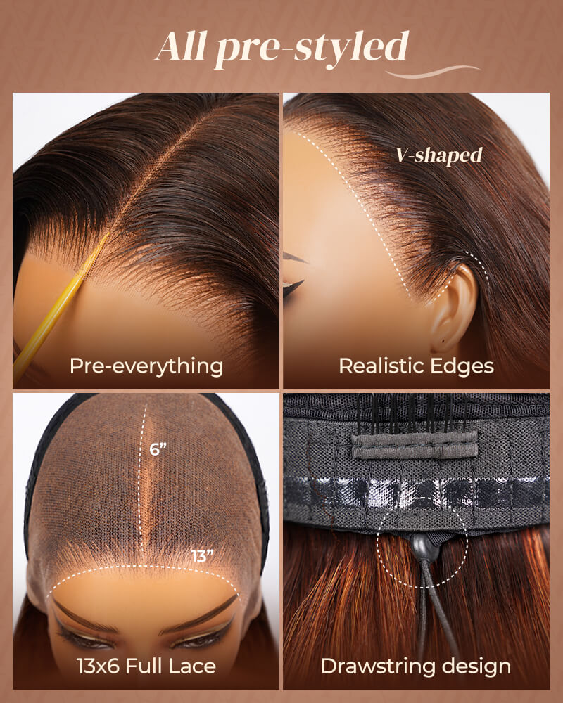 Pure-Luxe™ Airtouch Balayage Highlights Burgundy Ombre Color Blowout In Wavy Pre-Cut 13x6 Lace Ultra-Dense Glueless Human Hair Wig