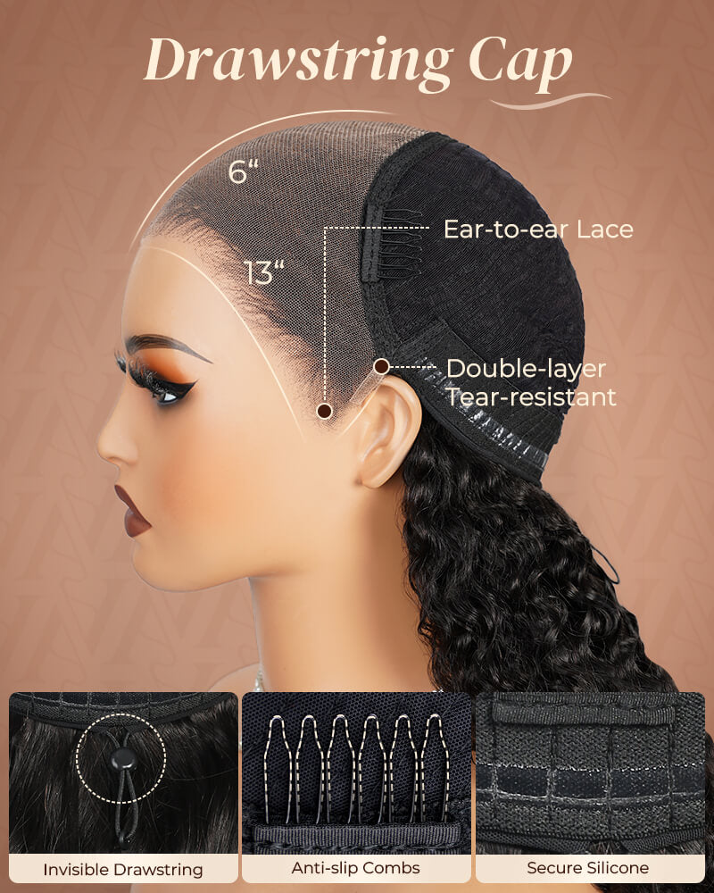 【Extra Long Wigs Sale】Arabella 13x6 Three-Go™ Glueless Wig Water Wave With Drawstring Natural Black 100% Human Hair Wig