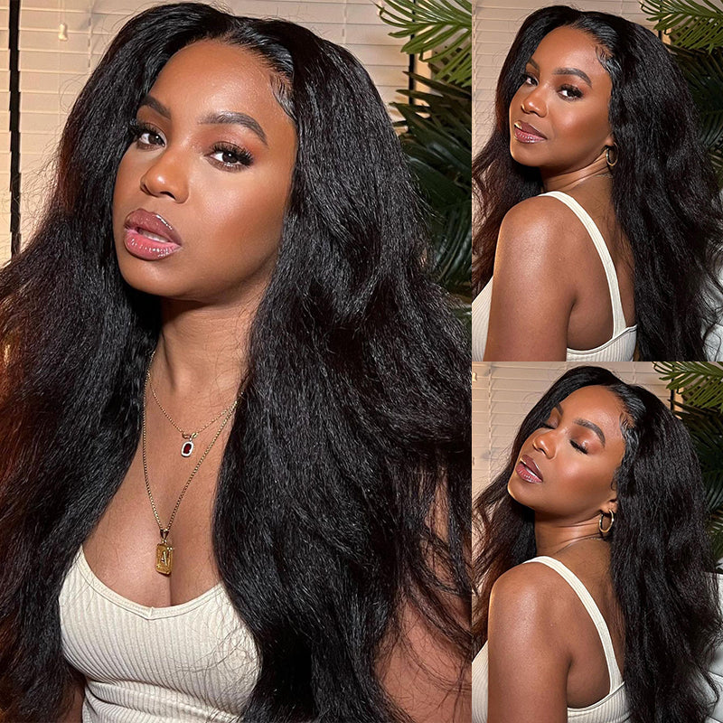 Pre-Cut 13x4 Glueless Lace Front Yaki Straight Wear&Go Upgrade HD Lace Natural Black Human Hair Wig Beginner-Friendly