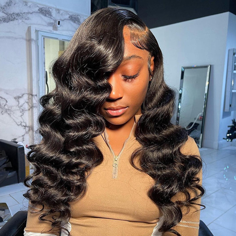 Loose Wave Natural Black 4x4 Lace Glueless Human Hair Wig Middle Part