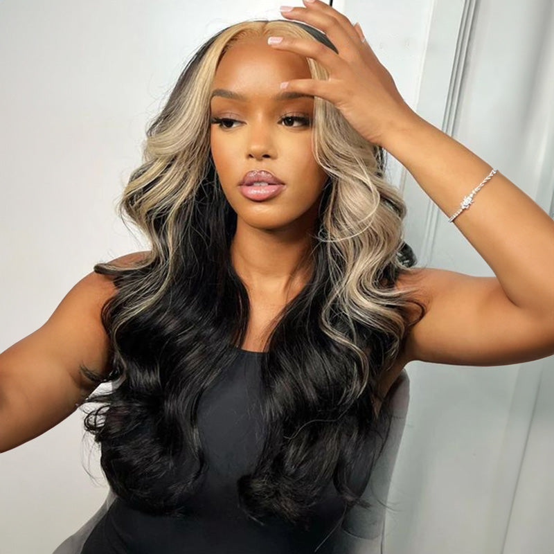 Blonde Skunk Stripe Highlight Blonde Color 15A Double Drawn Hair 13x4 Lace Frontal Wig