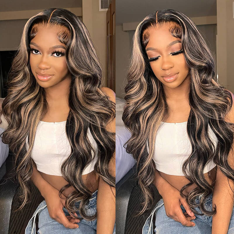 24" 13x4 Glueless Lace Front Balayage Highlights Colored Body Wave Human Hair Wigs