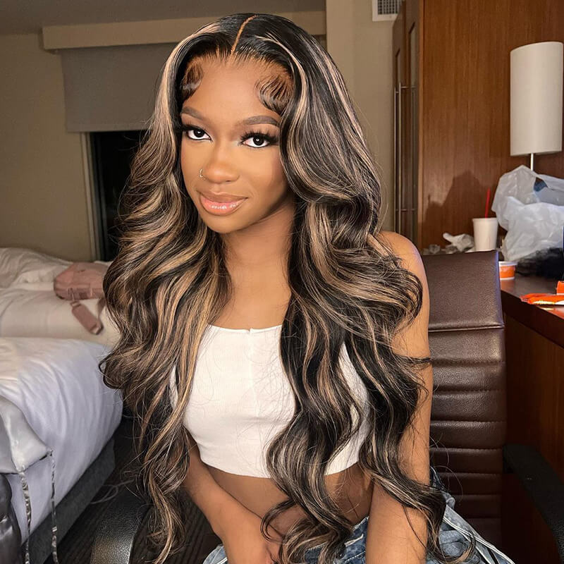 24" 13x4 Glueless Lace Front Balayage Highlights Colored Body Wave Human Hair Wigs