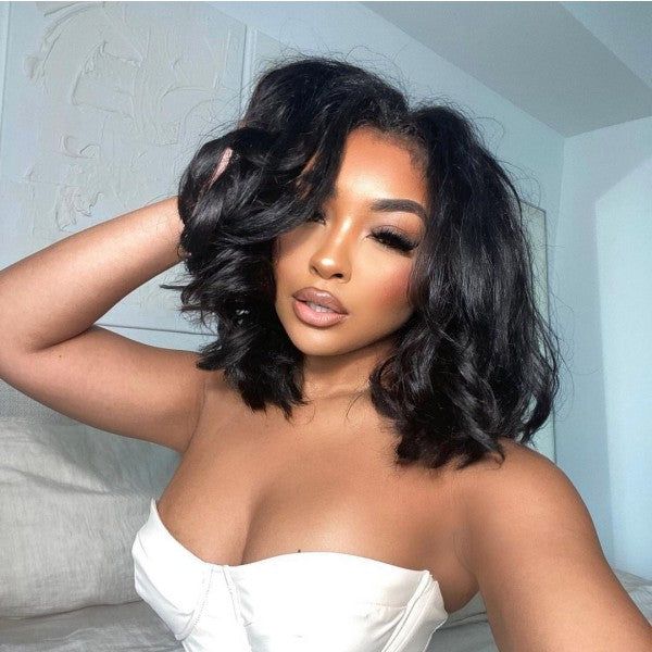 12" 360 Lace Front Short Body Wave Natural Black Color Bob Wigs Human Hair Wigs