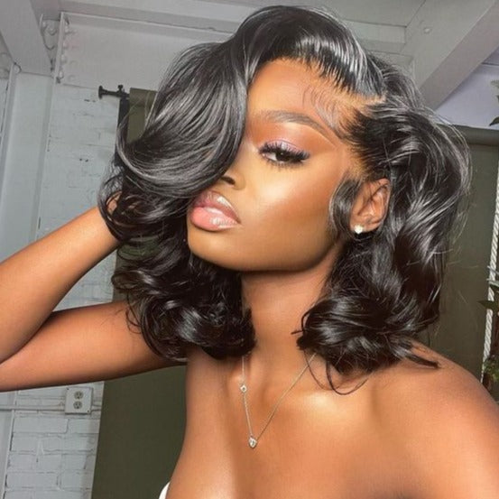 12" 360 Lace Front Short Body Wave Natural Black Color Bob Wigs Human Hair Wigs