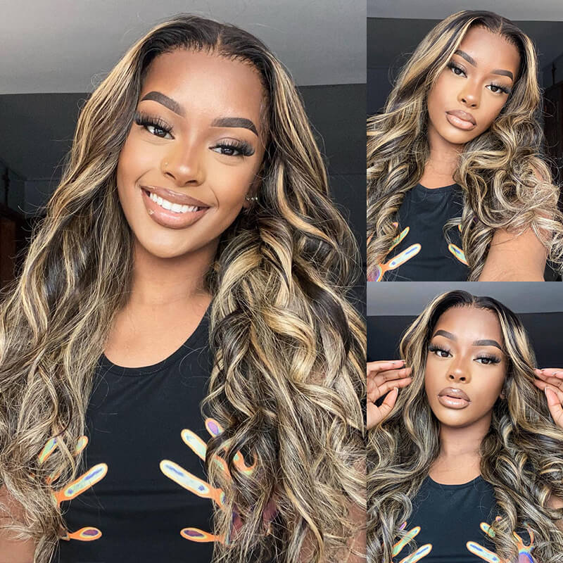 18" 13x4 Glueless Front Balayage Highlights Colored Body Wave Human Hair Wigs
