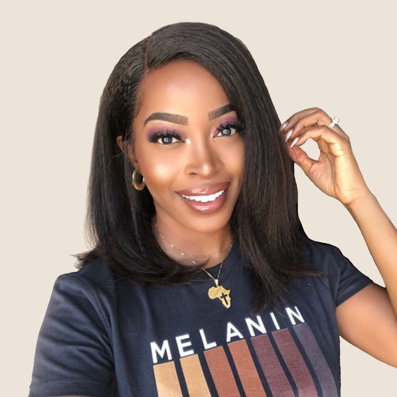 Glueless Yaki Straight Short Bob Style 5x5 Lace Closure Wig Natural Black Human Hair Wigs