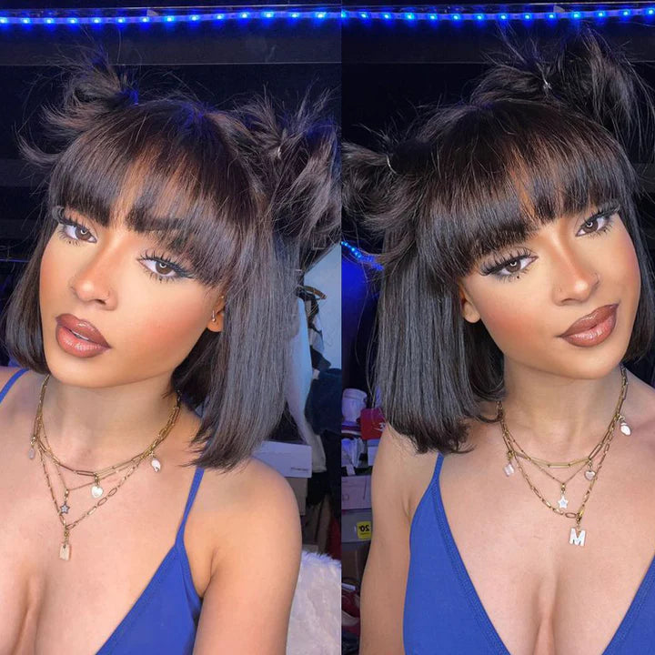 Glueless Lace Bob Wigs With Bangs 12 Inch Natural Black Straight Human Hair Wear&Go 3x2 Lace wigs
