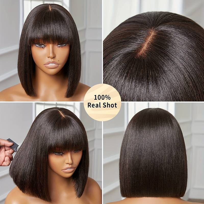 Glueless Lace Bob Wigs With Bangs 12 Inch Natural Black Straight Human Hair Wear&Go 3x2 Lace wigs