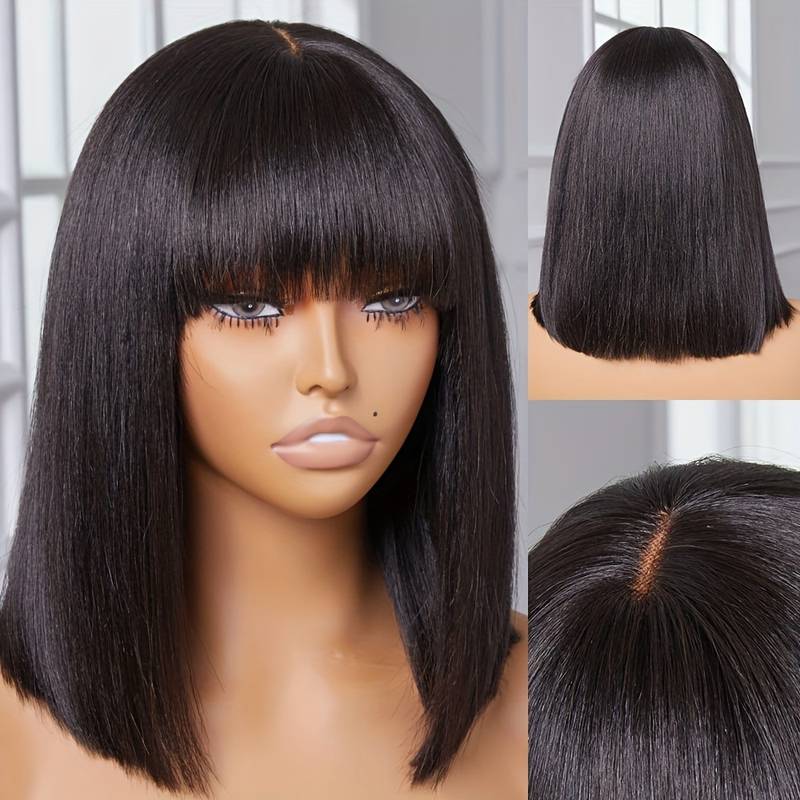Glueless Lace Bob Wigs With Bangs 12 Inch Natural Black Straight Human Hair Wear&Go 3x2 Lace wigs