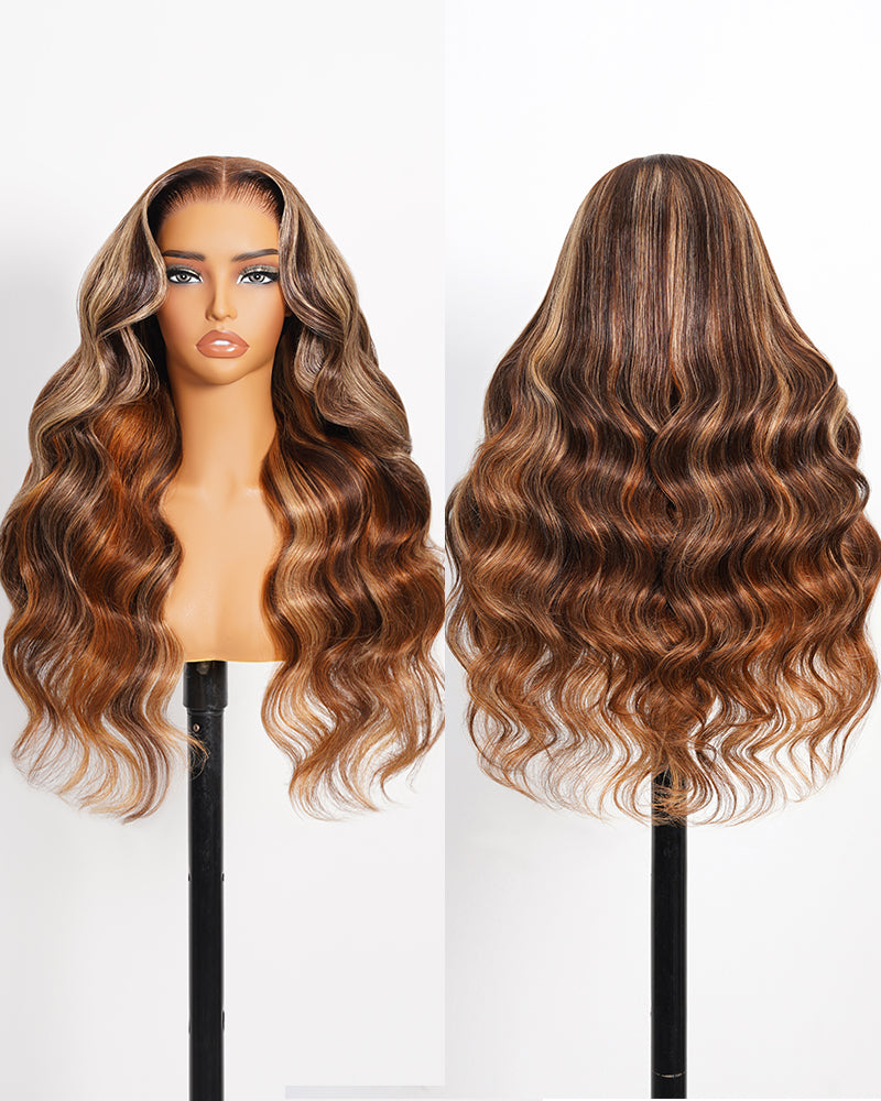 Arabella 6x5 invisible knots Glueless Wig Brown Ombre Highlights Loose Body Wave Wig Pre-cut Lace Beginner Friendly