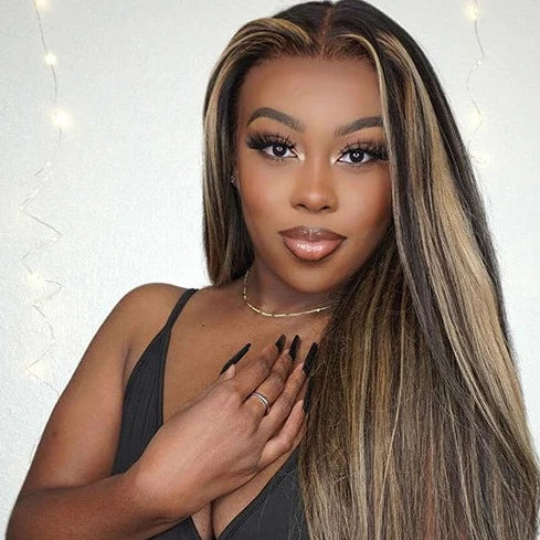 30" Glueless 6x5 Lace Balayage Highlight Colored Wigs Straight Human Hair Wigs Beginner Friendly