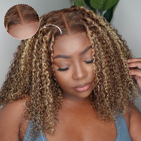 14" 13x4 Lace Frontal Honey Blonde Piano Highlights Color Deep Wave Bob Style Human Hair Wig