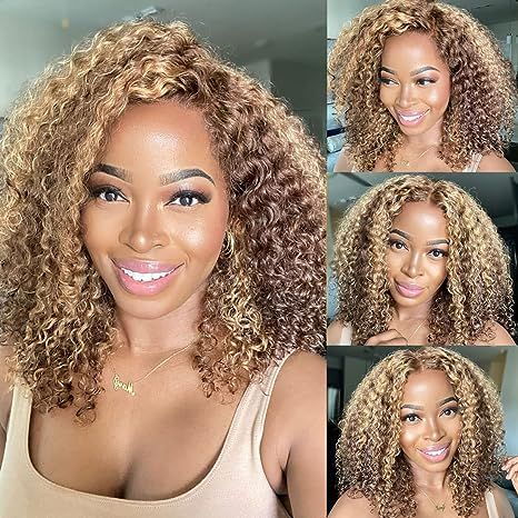 14" 13x4 Lace Frontal Honey Blonde Piano Highlights Color Deep Wave Bob Style Human Hair Wig