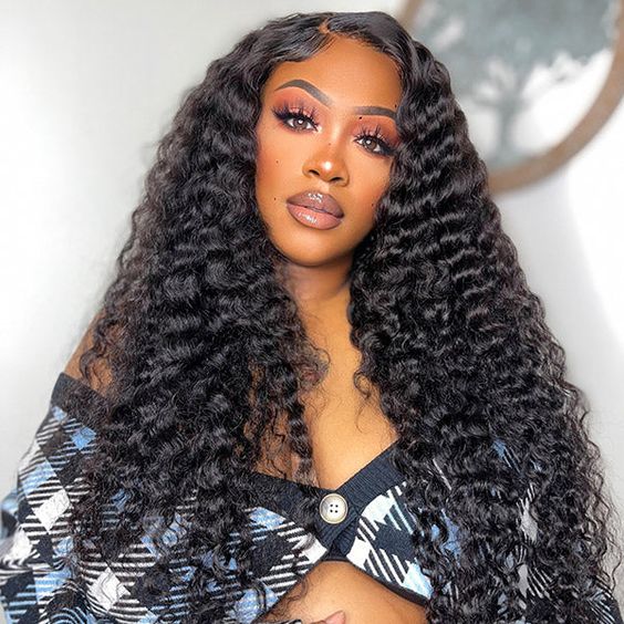 24" 5x5 Glueless Lace Deep Wave Wig Natural Black Human Hair Wigs