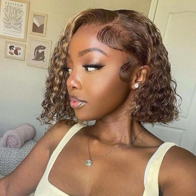 12" 13x4 Lace Frontal Honey Blonde Piano Highlights Color Deep Wave Bob Style Human Hair Wig