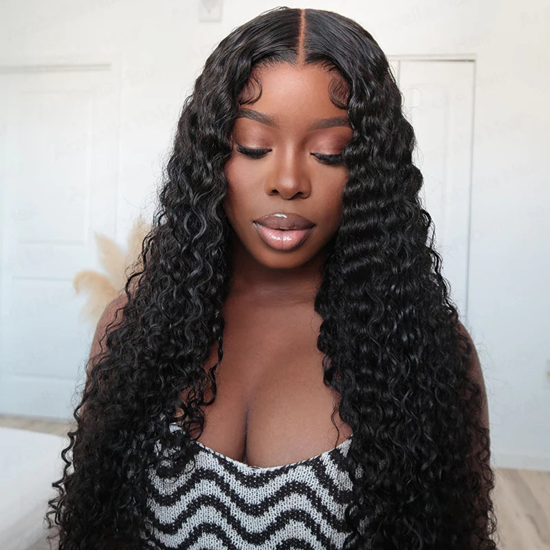 24" 5x5 Glueless Lace Deep Wave Wig Natural Black Human Hair Wigs